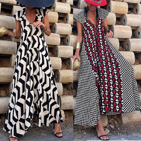Women's Swing Dress Simple Style V Neck Backless Short Sleeve Geometric Color Block Maxi Long Dress Holiday Daily