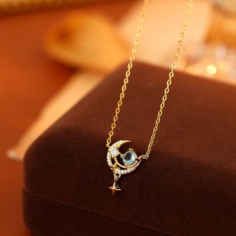 Sterling Silver IG Style Shiny Hollow Out Inlay Star Moon Zircon Pendant Necklace