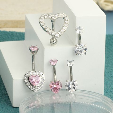 1 Set Belly Rings IG Style Shiny Heart Shape 316 Stainless Steel  Copper Plating Hollow Out Inlay Zircon