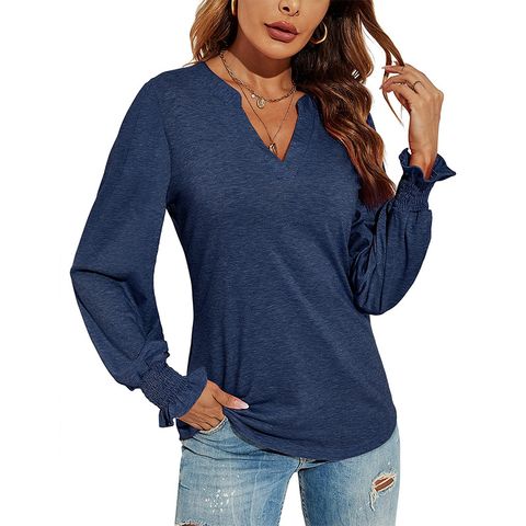 Women's T-shirt Long Sleeve T-Shirts Patchwork Ruffles Simple Style Solid Color