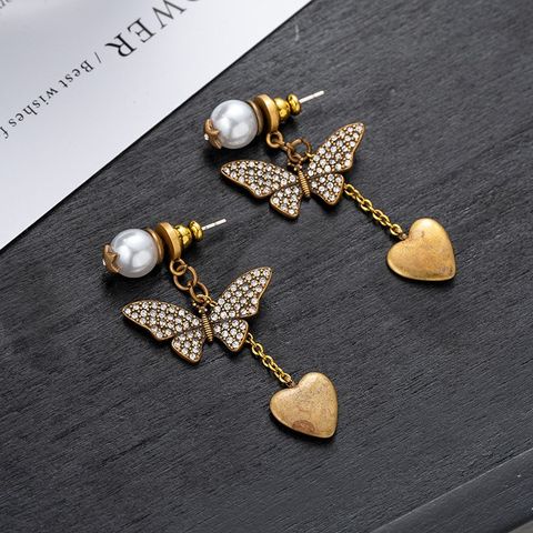 1 Pair Elegant Retro French Style Geometric Flower Inlay Copper Pearl Zircon 18K Gold Plated Drop Earrings Ear Studs
