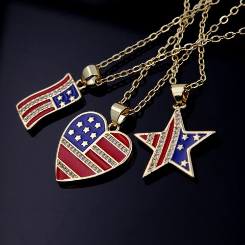 Copper 18K Gold Plated Simple Style Classic Style Plating Inlay National Flag Star Heart Shape Zircon Pendant Necklace