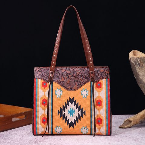Women's Large Cotton And Linen Geometric Ethnic Style Square Zipper Tote Bag