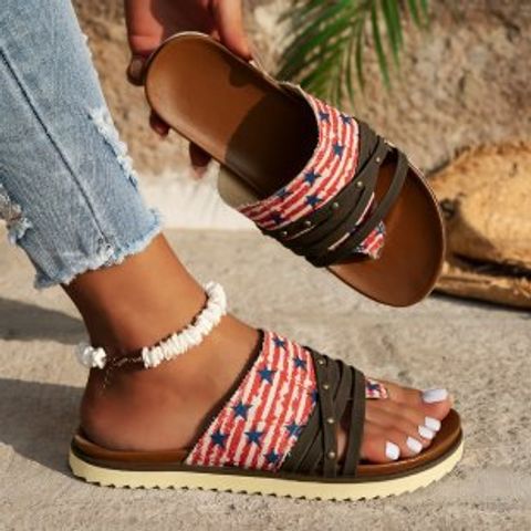 Women's Casual Vacation Printing Round Toe Thong Sandals