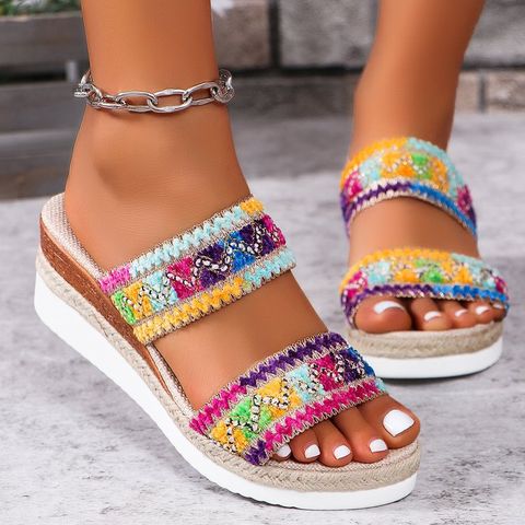 Women's Vacation Ethnic Style Geometric Colorful Round Toe Wedge Sandals