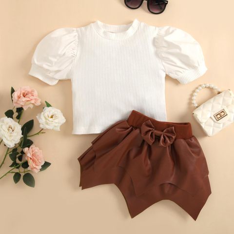 Elegant Solid Color Pu Girls Clothing Sets