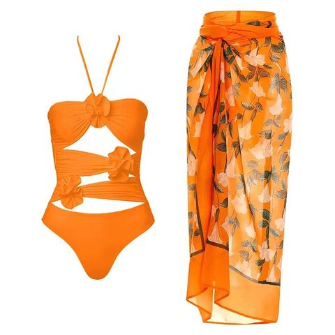 Women's Sexy Solid Color Flower 1 Piece 2 Pieces Set One Pieces Swimwear
