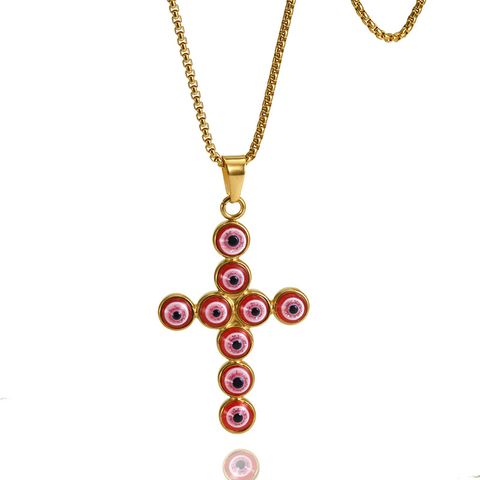 304 Stainless Steel 18K Gold Plated Casual Enamel Cross Devil's Eye Resin Pendant Necklace