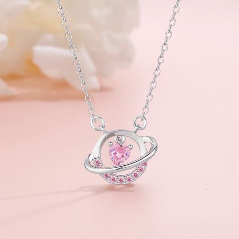 Sterling Silver Shiny Inlay Heart Shape Planet Zircon Pendant Necklace