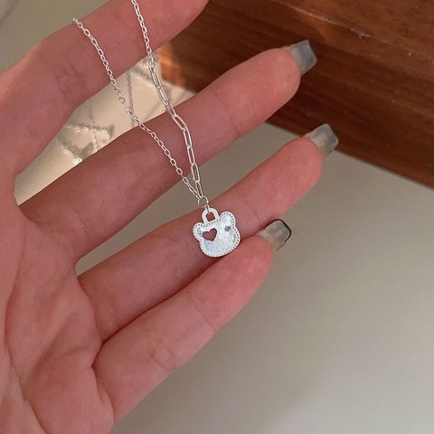 Sterling Silver Cute Sweet Plating Hollow Out Bear Pendant Necklace