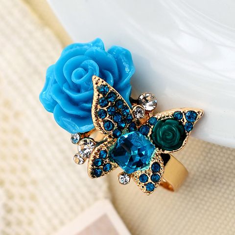 Exaggerated Bohemian Rose Butterfly Rhinestones Alloy Wholesale Open Rings