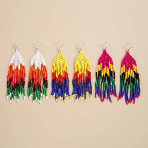 1 Pair Bohemian Color Block Beaded Tassel Seed Bead Drop Earrings