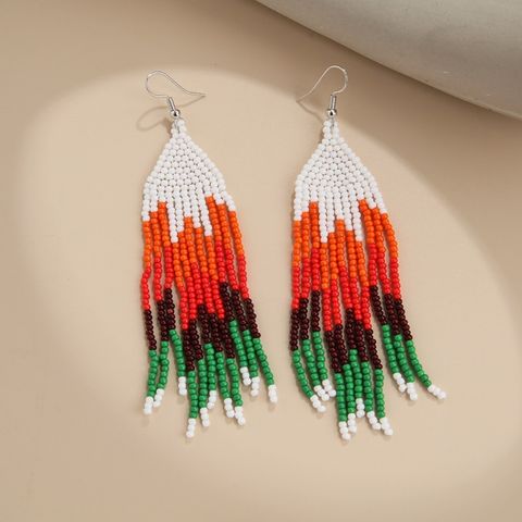 1 Pair Bohemian Color Block Beaded Tassel Seed Bead Drop Earrings