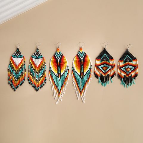 1 Pair Ethnic Style Bohemian Color Block Beaded Tassel Seed Bead Drop Earrings