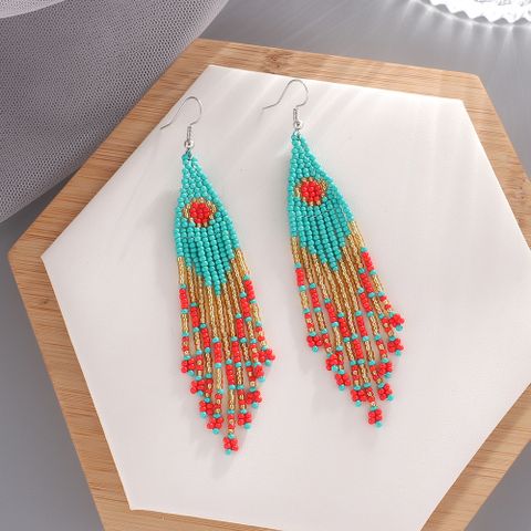 1 Pair Ethnic Style Color Block Beaded Tassel Seed Bead Drop Earrings