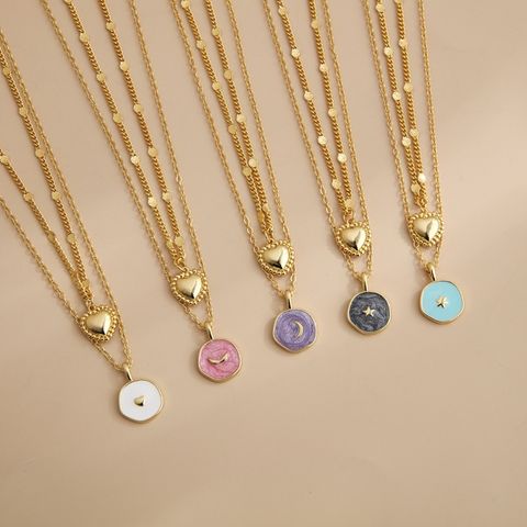 Wholesale Casual Simple Style Geometric Star Heart Shape Copper Enamel Chain Double Layer Necklaces