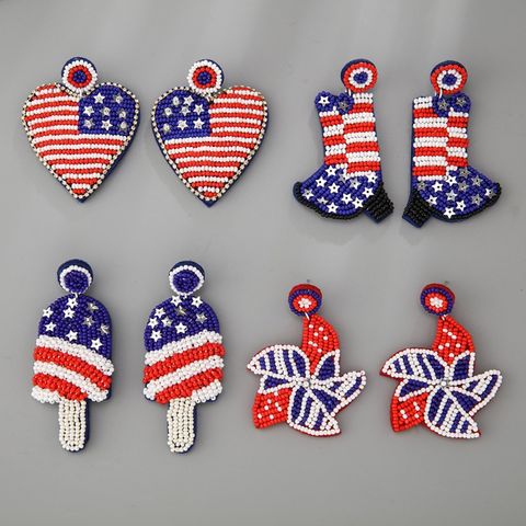 1 Pair Ethnic Style National Flag Heart Shape Boots Beaded Handmade Sequin Felt Seed Bead Drop Earrings