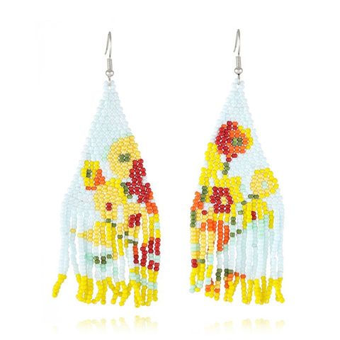 1 Pair Casual Bohemian Flower Whale Beaded Tassel Seed Bead Drop Earrings