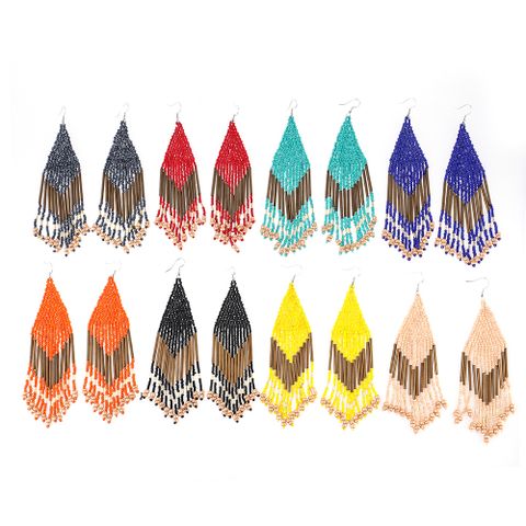 1 Pair Casual Bohemian Color Block Rhombus Beaded Tassel Seed Bead Copper Tube Drop Earrings