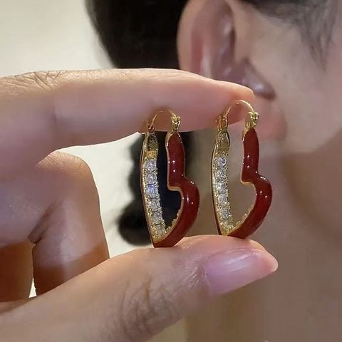 1 Pair Cute Sweet Heart Shape Enamel Inlay Copper Zircon Earrings