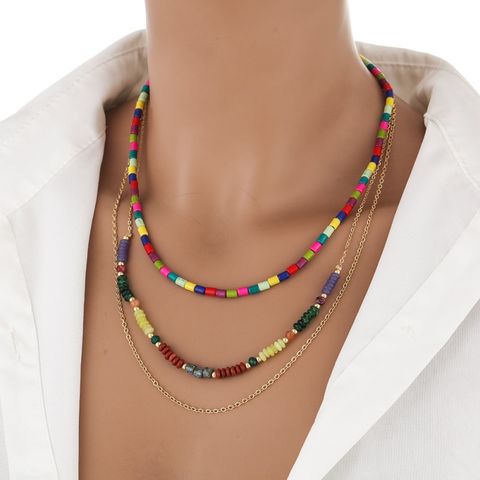 Bohemian Geometric Semi-precious Stone Turquoise Gold Plated Layered Necklaces In Bulk