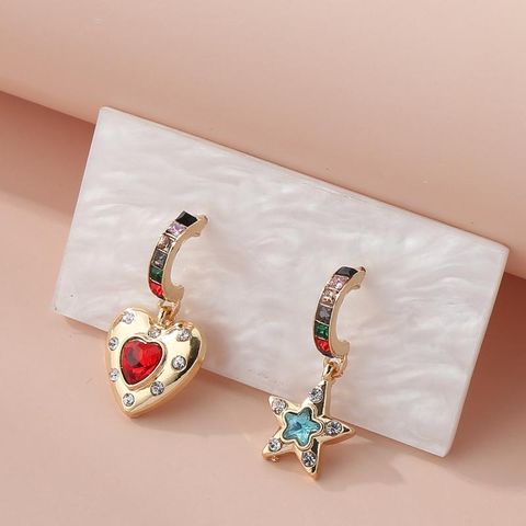 1 Pair Casual Sweet Streetwear Star Heart Shape Asymmetrical Plating Inlay Alloy Rhinestones Gold Plated Drop Earrings
