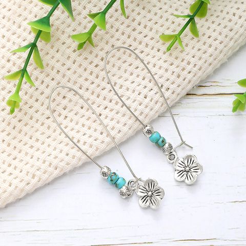1 Pair Vacation Bohemian Pastoral Flower Inlay Alloy Turquoise Drop Earrings