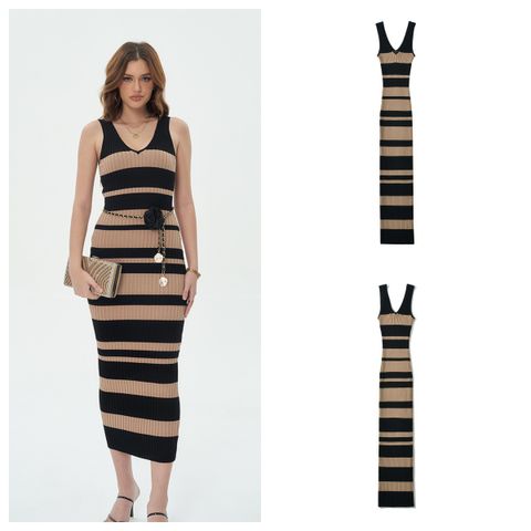 Women's Sheath Dress Tank Dress Simple Style V Neck Contrast Binding Sleeveless Stripe Midi Dress Holiday Date