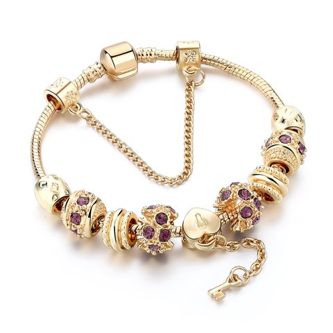 Wholesale Jewelry Retro Simple Style Heart Shape Alloy Copper Brass Rhinestones Gold Plated Beaded Inlay Bangle