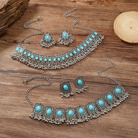 Ethnic Style Bohemian Classic Style Geometric Silver Plated Turquoise Alloy Wholesale Earrings Necklace