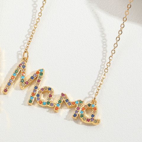 Wholesale Vintage Style MAMA Simple Style Letter Rainbow Copper Enamel Inlay 14K Gold Plated Zircon Pendant Necklace