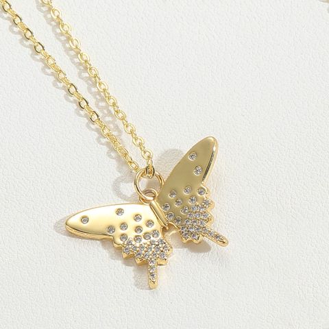 Wholesale Vintage Style Simple Style Commute Butterfly Copper Enamel Inlay 14K Gold Plated Zircon Pendant Necklace
