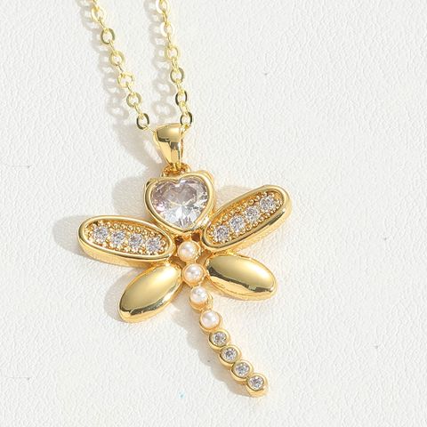 Copper 14K Gold Plated Vintage Style Simple Style Commute Enamel Inlay Star Heart Shape Dragonfly Pearl Zircon Pendant Necklace