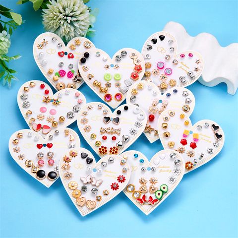 12 Pairs Casual Cute Heart Shape Strawberry Butterfly Inlay Alloy Artificial Rhinestones Ear Studs