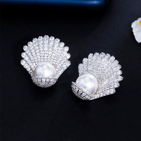1 Pair Marine Style Shell Plating Copper Zircon Ear Studs