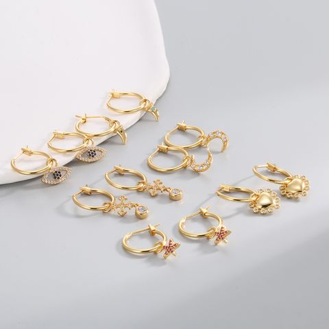1 Pair Simple Style Moon Heart Shape Brass Turquoise Zircon 18K Gold Plated Earrings