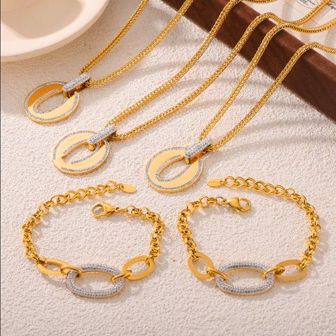304 Stainless Steel Rhinestone 18K Gold Plated Retro Simple Style Plating Inlay Color Block Rhinestones Bracelets Necklace