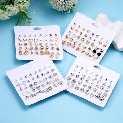 12 Pairs Casual Simple Style Heart Shape Flower Snowflake Inlay Alloy Artificial Rhinestones Ear Studs
