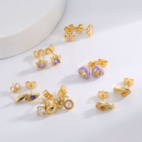 1 Pair Simple Style Classic Style Color Block Plating Inlay Brass Pearl Zircon 18K Gold Plated Ear Studs