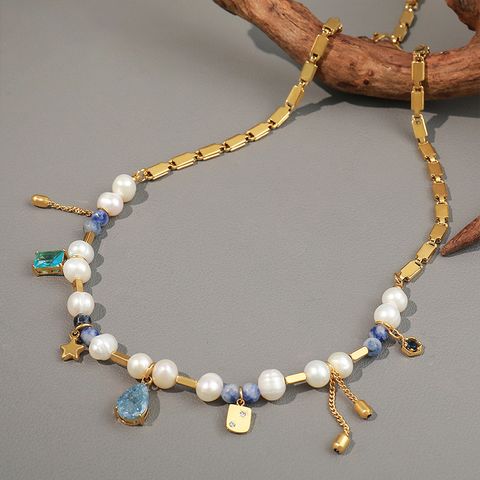 Süßwasserperle Titan Stahl Elegant Glam Perlen Runden Quadrat Stern Halskette Mit Anhänger
