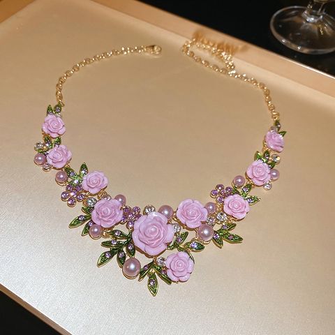 Sweet Pastoral Leaves Flower Alloy Inlay Rhinestones Women's Jewelry Set