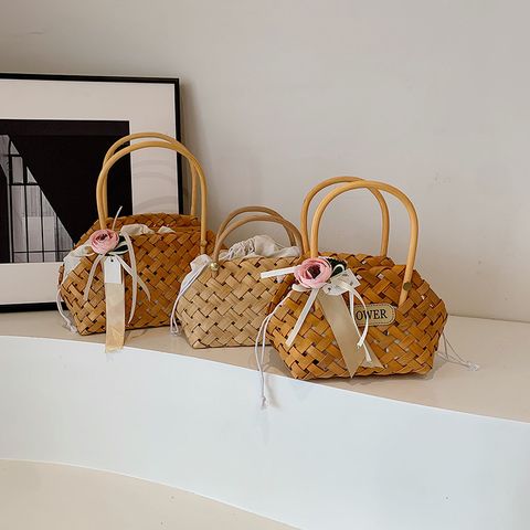 Women's Small Straw Solid Color Vacation Beach Weave String Straw Bag