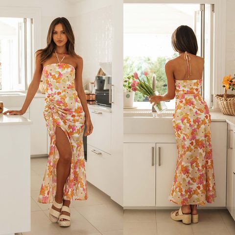 Women's Regular Dress Vacation Halter Neck Printing Zipper Sleeveless Ditsy Floral Maxi Long Dress Holiday Beach