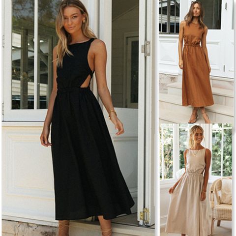 Women's Swing Dress Simple Style Round Neck Backless Sleeveless Solid Color Midi Dress Holiday Daily Date
