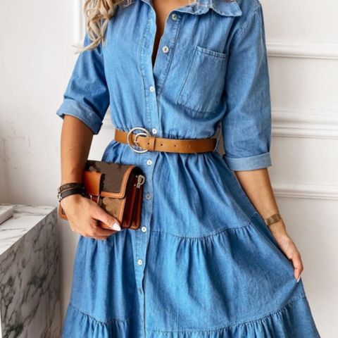 Women's Swing Dress Simple Style Turndown Printing Long Sleeve Solid Color Knee-Length Casual Daily Date