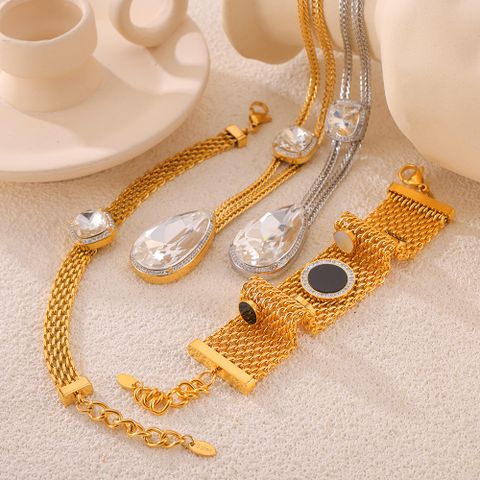 304 Stainless Steel 18K Gold Plated Elegant Simple Style Plating Inlay Quadrilateral Round Water Droplets Rhinestones Shell Zircon Bracelets Necklace