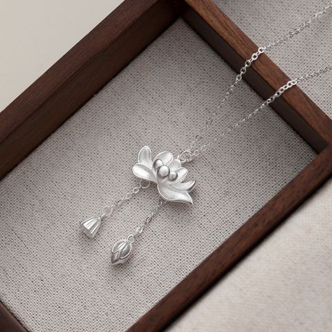 Sterling Silver Casual Hollow Out Inlay Flower Pearl Pendant Necklace