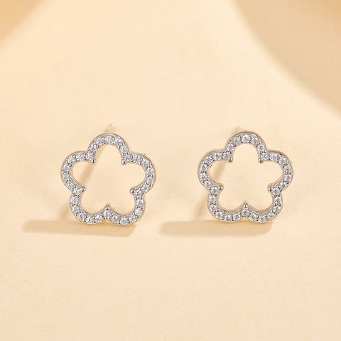 1 Pair Cute Sweet Flower Inlay Sterling Silver Zircon White Gold Plated Gold Plated Ear Studs