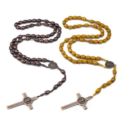 Casual Streetwear Cross Alloy Wood Rope Beaded Knitting Unisex Pendant Necklace