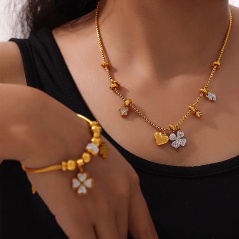 304 Stainless Steel 18K Gold Plated Elegant Sweet Simple Style Beaded Plating Inlay Four Leaf Clover Star Heart Shape Rhinestones Bracelets Necklace